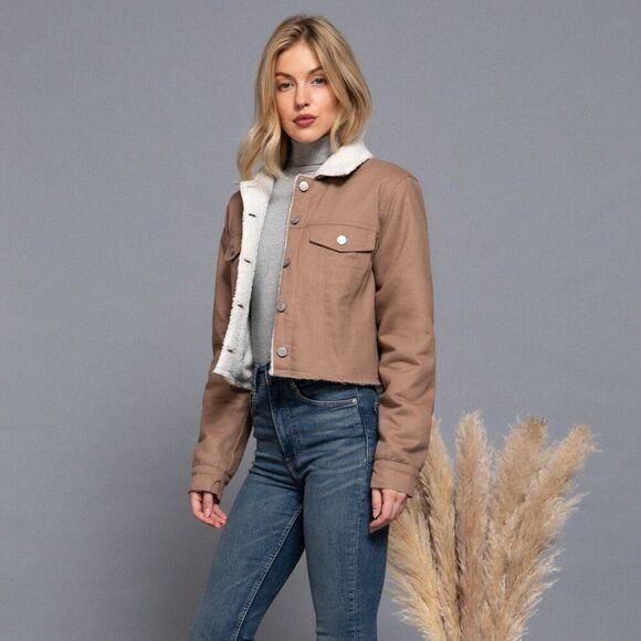 Tan Button closure sherpa-lined twill jacket